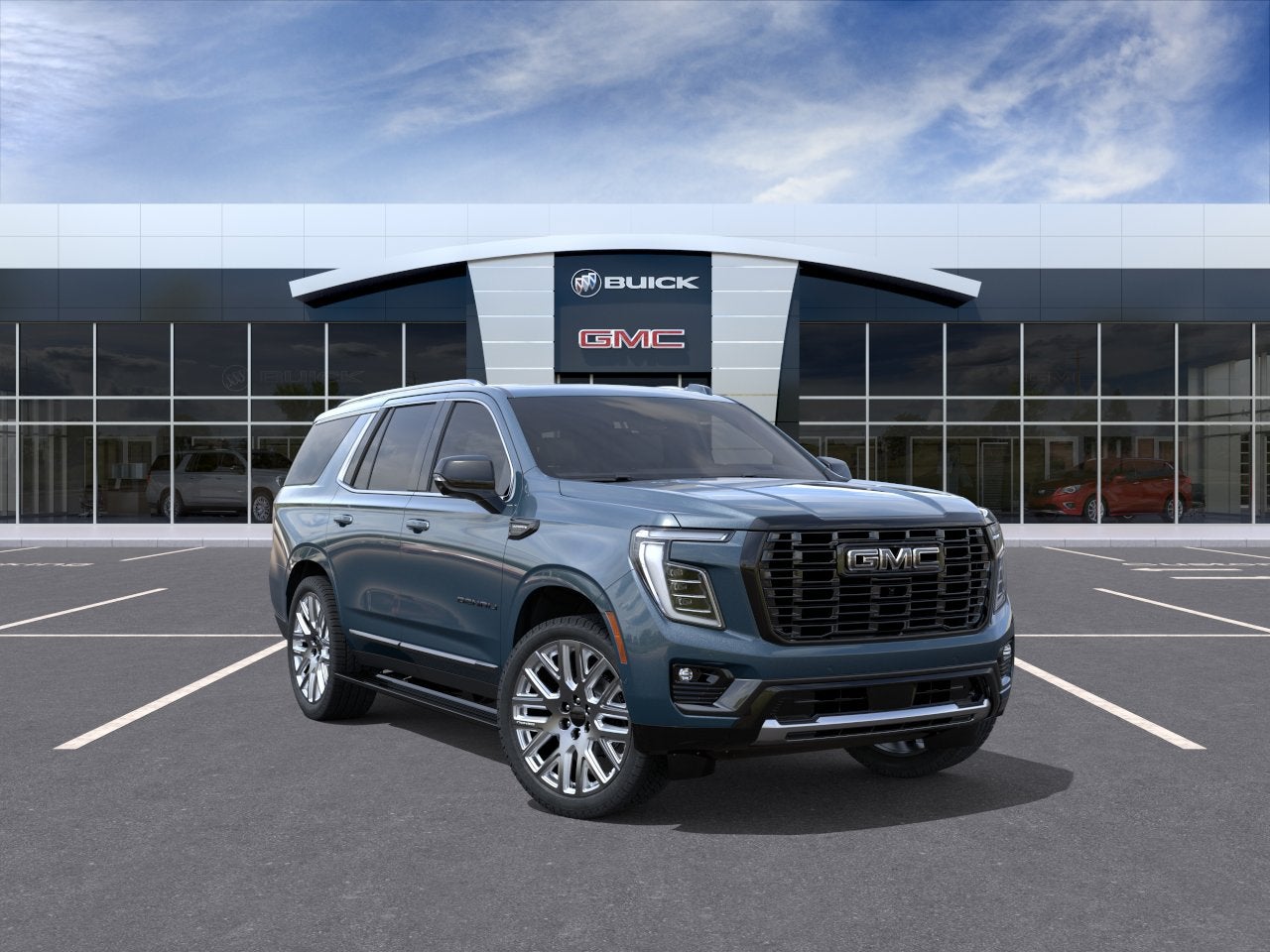 2026 GMC Yukon Denali Ultimate in Downpour Metallic — front three-quarter view
